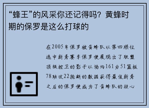 “蜂王”的风采你还记得吗？黄蜂时期的保罗是这么打球的